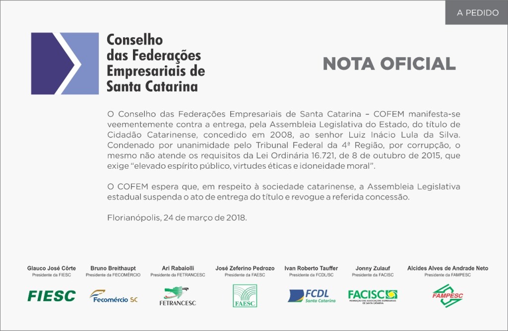 COFEM manifesta-se contra título de cidadão catarinense a Lula
